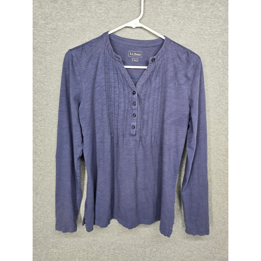 LL Bean Womens Small Blue Slub Knit Pintuck Henley Roll Tab Long Sleeve Top